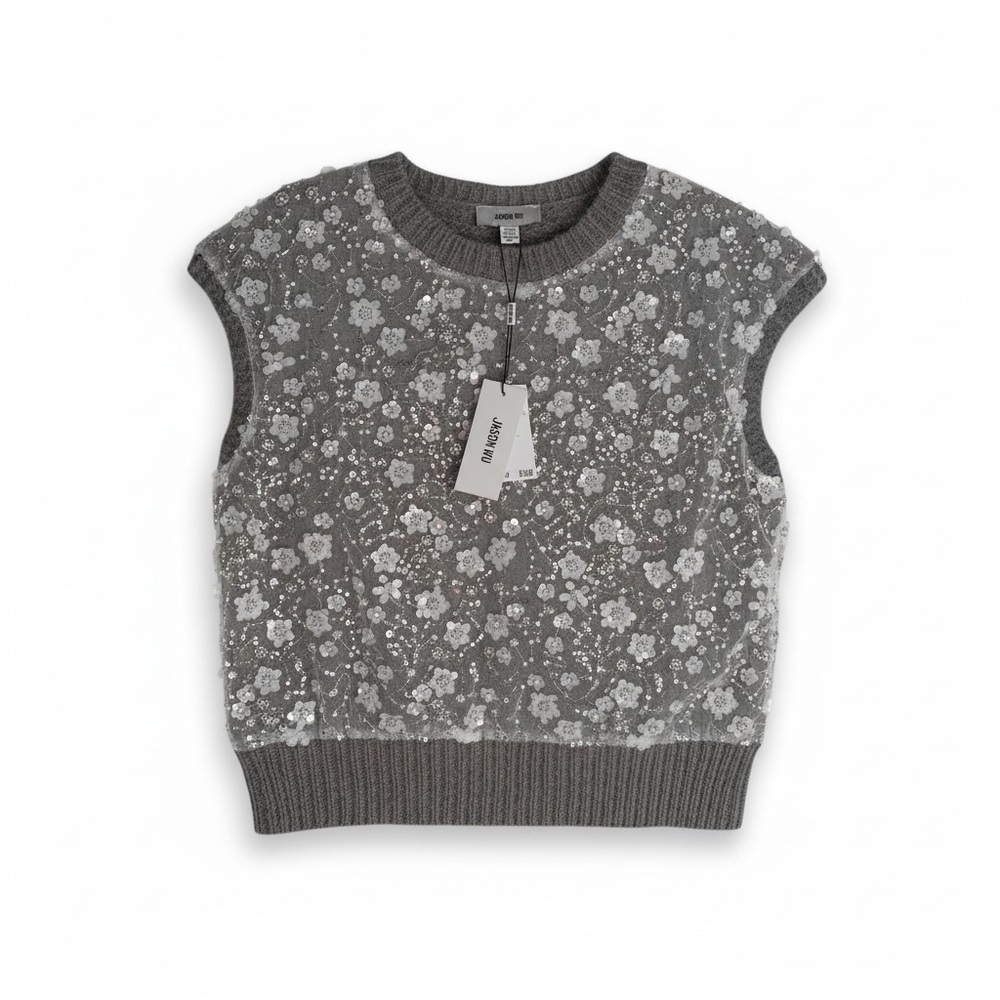 Jason Wu‎ NWT Beaded Womans Gray Embellished Floral Sweater Vest Medium